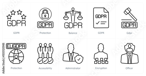 A set of 10 gdpr icons as gdpr, protection, balance
