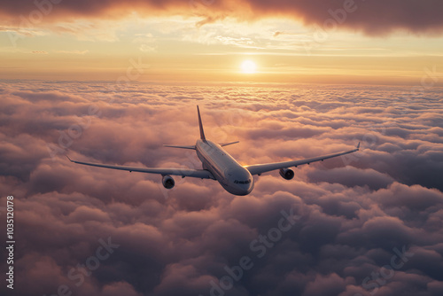 Airplane in the flight, travel background with airplane flying in the blue sky over the clouds. Flying airplane with blank livery
