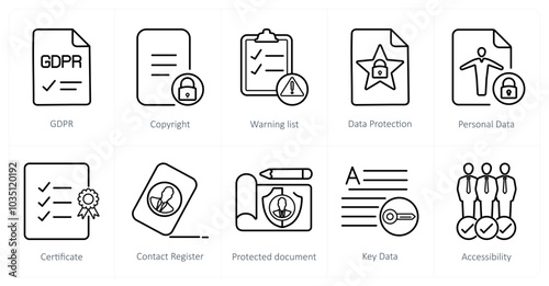 A set of 10 gdpr icons as gdpr, copyright, wraning list