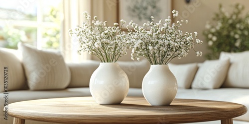 Two white vases with flowers on a wooden table