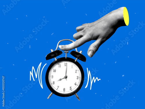 Halftone hand turns off alarm clock. Modern collage. Morning routine. Ringing alarm clock