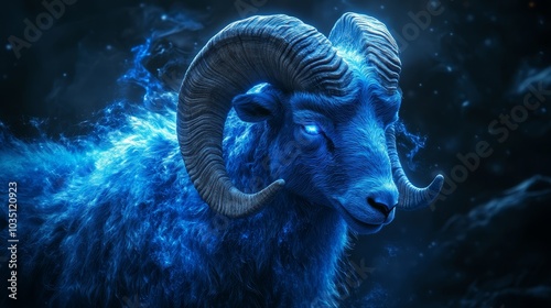 Blue Ram with Glowing Horns and Fur   Fantasy Creature