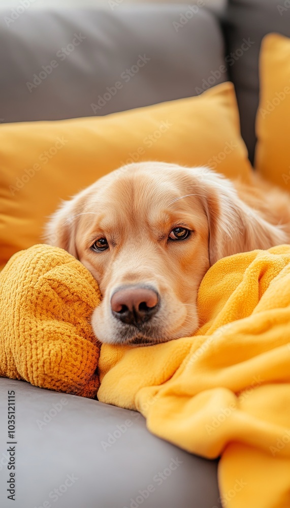 Obraz premium A golden retriever dog rests on a couch covered in a yellow blanket, looking cozy and relaxed.