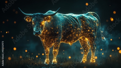 Glowing Bull with Lights and Bokeh in Dark Forest