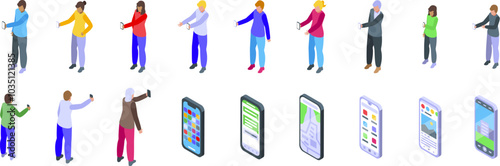 People show smartphone screen icons set. This illustration features people holding their smartphones to take pictures, showcasing the ubiquity of mobile photography in our daily lives