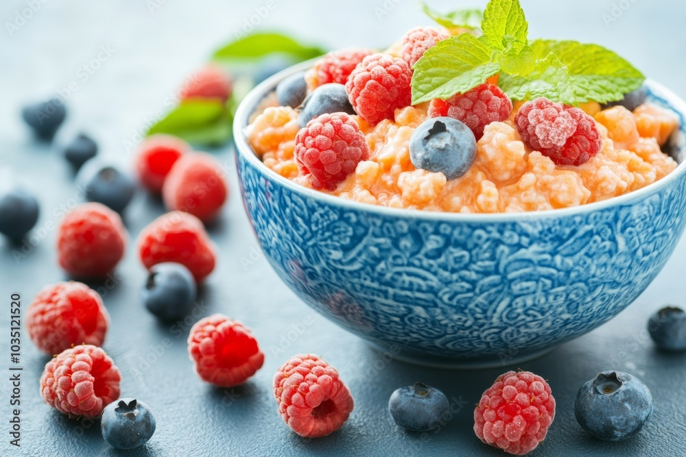 A bowl of creamy rice pudding topped with fresh raspberries and blueberries. A bowl of creamy rice pudding topped with fresh raspberries and blueberries.