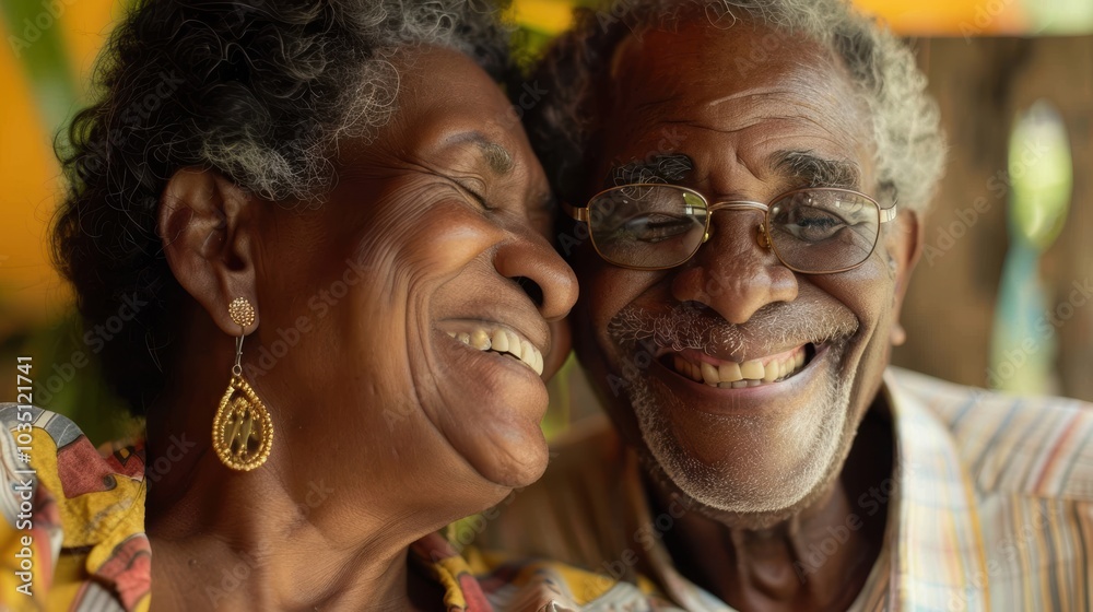 Joyful senior couple sharing a laugh while enjoying quality time together on their living room sofa, embracing retirement and happiness Joyful senior couple sharing a laugh while enjoying quality time together on their living room sofa, embracing retirement and happiness