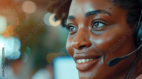 Portrait of a smiling woman in a call center setting, wearing headphones and working in customer service or tech support roles