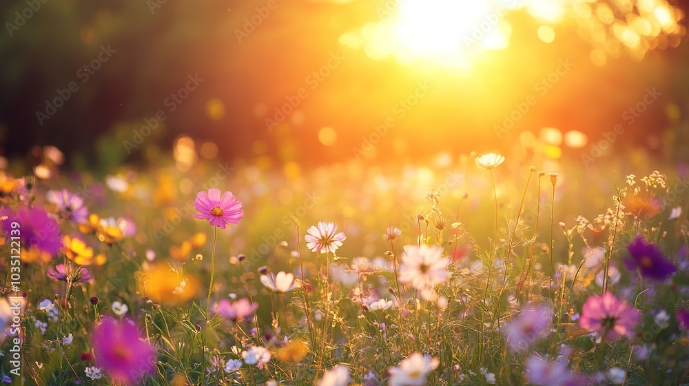 Fototapeta premium Vibrant Field of Wildflowers at Sunrise