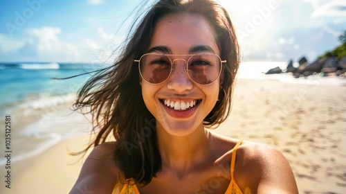 Joyful woman taking a selfie on the beach during a vacation or summer getaway, capturing a moment of relaxation by the ocean for social media or memories