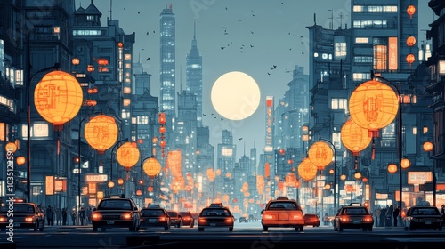 Night cityscape with glowing lanterns and traffic
