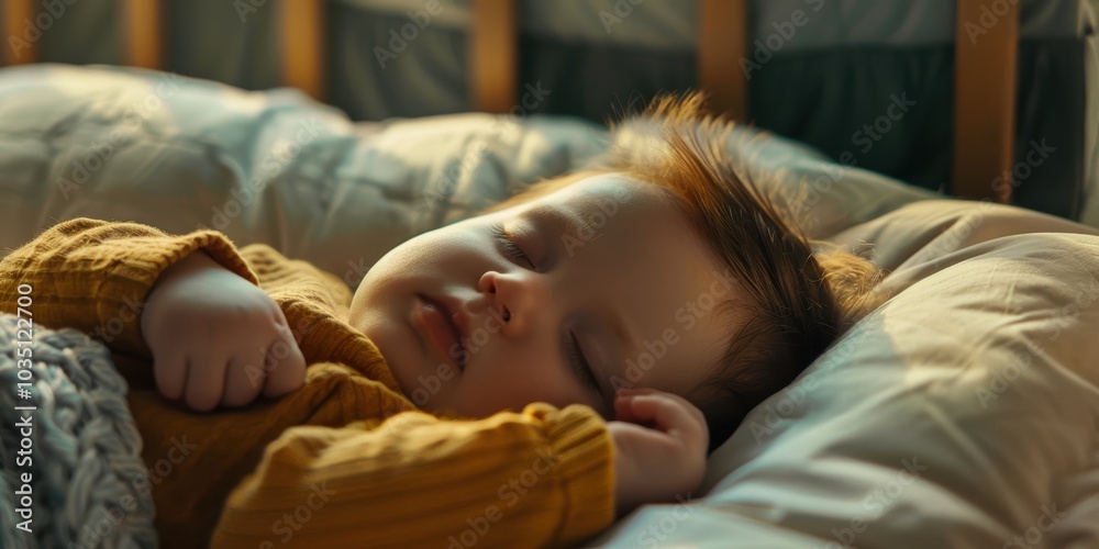 Napping infant in a cozy nursery, enjoying peaceful rest and healthy development in a serene home environment Napping infant in a cozy nursery, enjoying peaceful rest and healthy development in a serene home environment