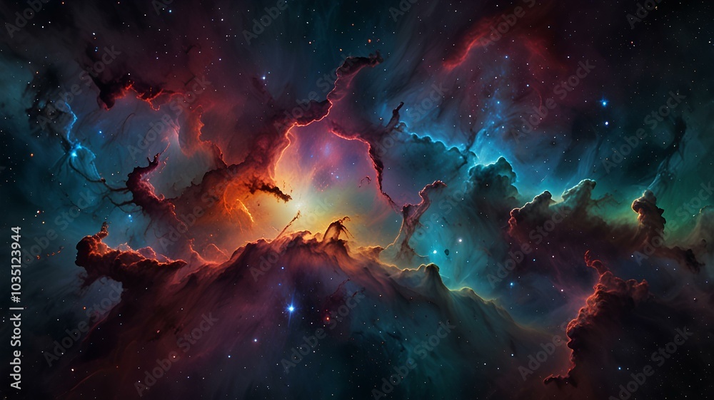 A stunning visualization of a nebula acting as a surface mirror in space, reflecting the vibrant colors of the cosmos with a dreamlike quality that captivates the viewer's imagination.

