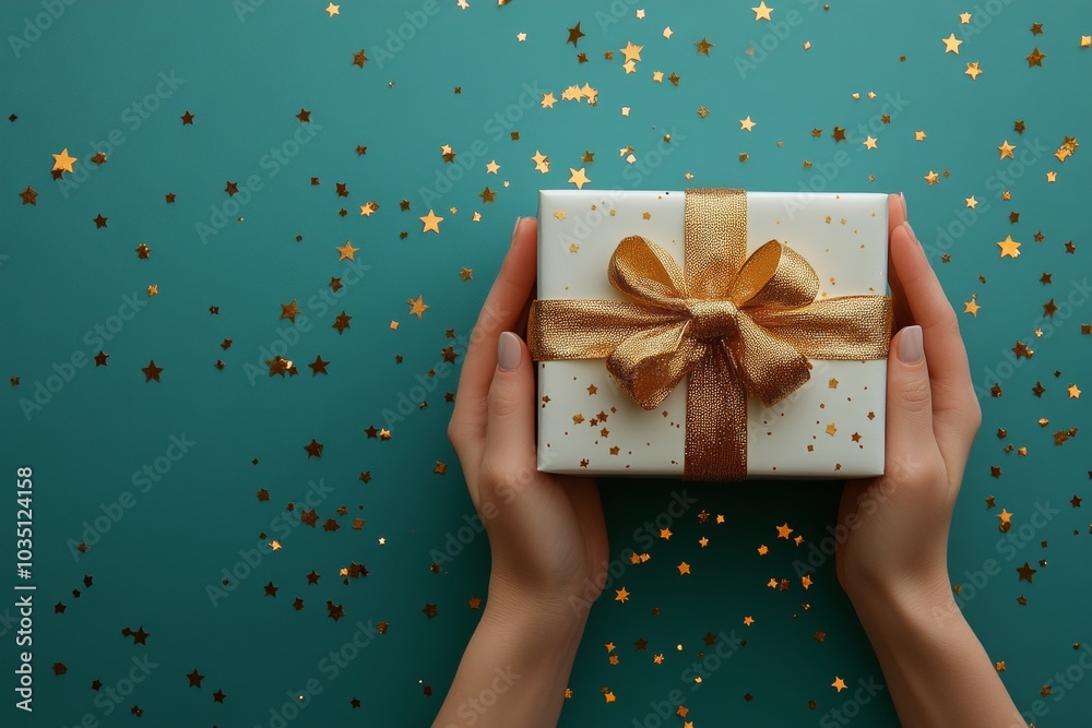 A person is holding a gold wrapped gift box with a bow on it A person is holding a gold wrapped gift box with a bow on it