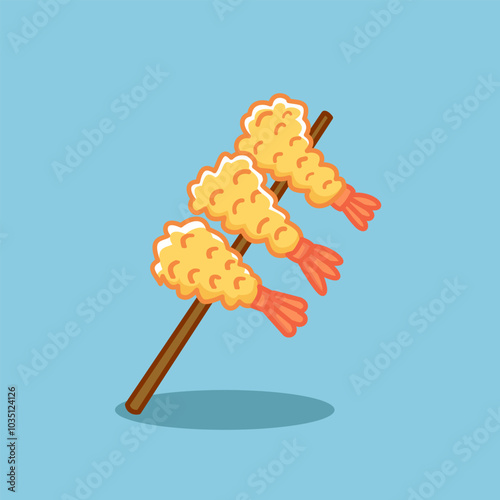 Shrimp tempura satay skewered using bamboo chopsticks designed in cartoon flat style. Vector illustration. Shrimp satay icon. Caridea. 