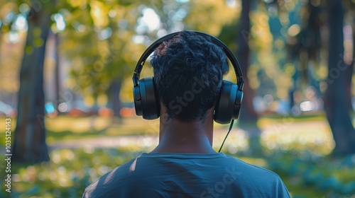 Man enjoying music outdoors with headphones, listening to audio or streaming content in a natural setting, embracing the freedom of radio, podcasts, jazz, or hip hop
