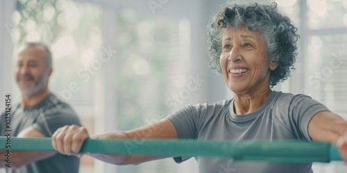 Senior couple engaging in physiotherapy with a stretching band, working together for muscle wellness and rehabilitation while smiling at their progress