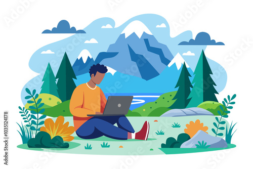 Man freelancer working online on laptop on nature