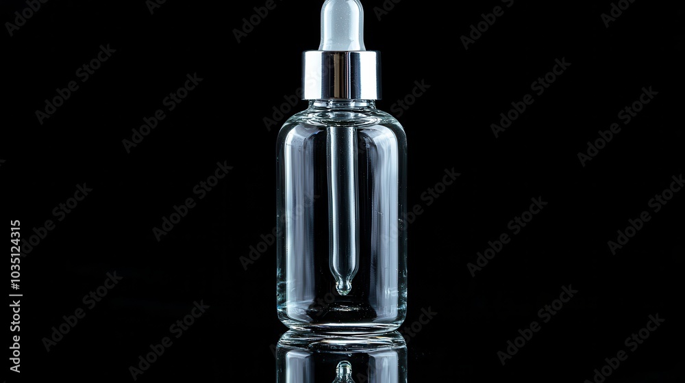 Clear Glass Dropper Bottle on Black Background Clear Glass Dropper Bottle on Black Background