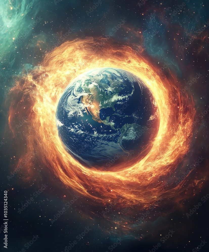 Fototapeta premium Fiery Planet Earth Surrounded by Cosmic Explosion in Celestial Galaxy