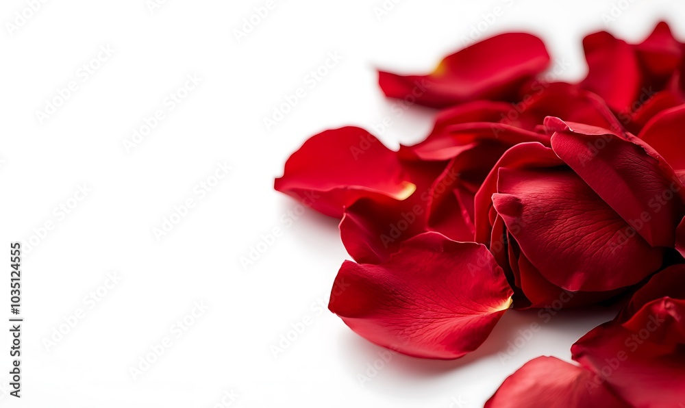 Red rose petals on a white background with copy space, Generative AI