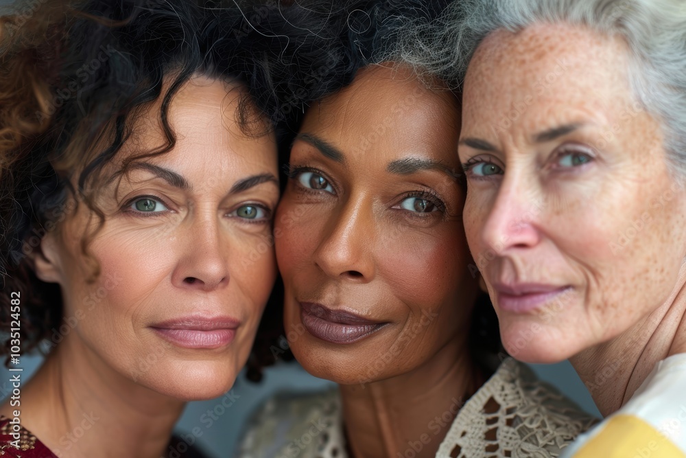 Portrait of diverse senior women showcasing natural bodies and radiant skin in a studio setting, promoting beauty, wellness, and skincare products Portrait of diverse senior women showcasing natural bodies and radiant skin in a studio setting, promoting beauty, wellness, and skincare products