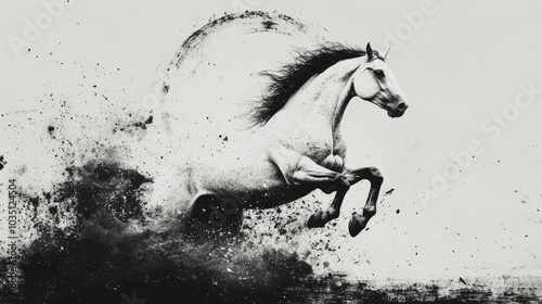 White Horse Leaping Through Black and White Splatter