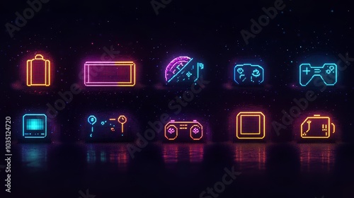 Neon Pixel Game Controller Icons on Dark Background