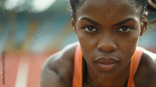 Athlete at the starting line preparing for a marathon. Focused and energized, she embodies motivation for sports and fitness