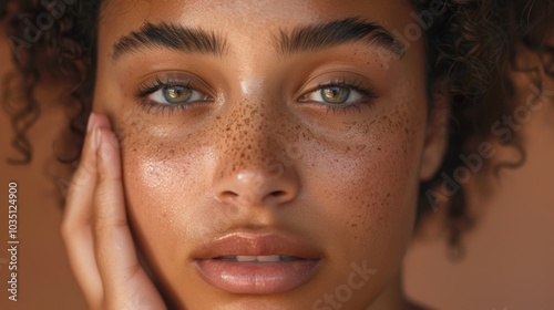 Young woman showcasing natural beauty with smooth, clear skin in a studio setting. Portrait highlighting skincare, makeup, and healthy habits for organic facial care and wellness