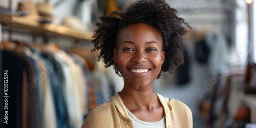 Joyful woman in a clothing store, showcasing her pride as a professional designer. She appears confident in her role within the retail and donation sector