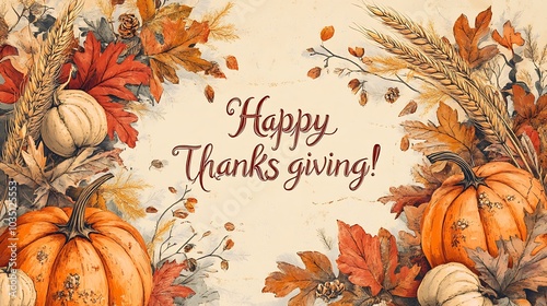 Wallpaper Mural A vintage-style Thanksgiving invitation card with hand-drawn fall foliage, including pumpkins and wheat stalks, framing ornate calligraphy that reads "Happy Thanksgiving!", Torontodigital.ca