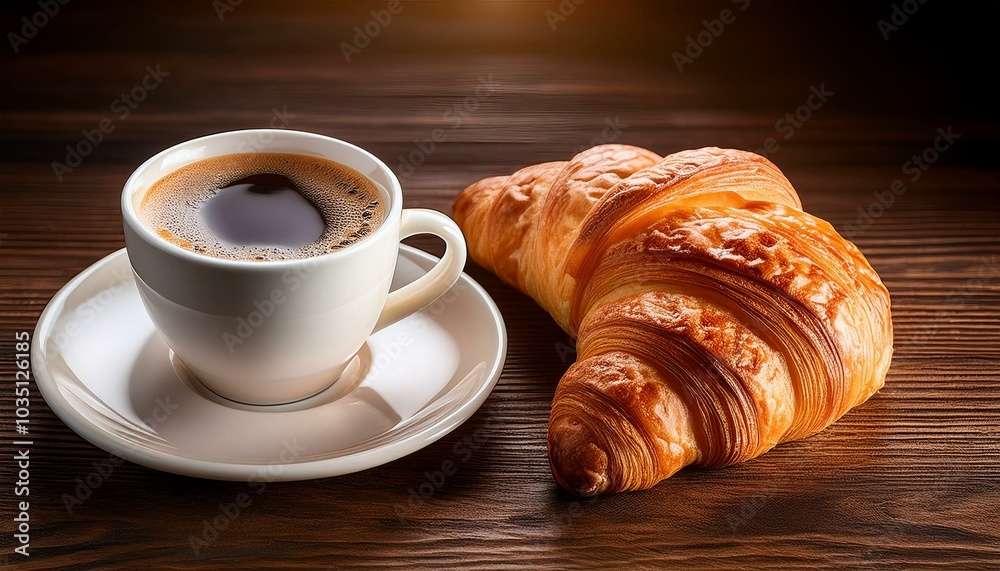 A cup of coffee and a croissant on a wooden table A cup of coffee and a croissant on a wooden table