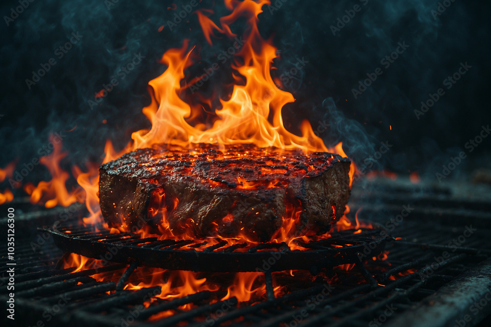 Grilled beef with spicy sauce on the grill. Black background Grilled beef with spicy sauce on the grill. Black background