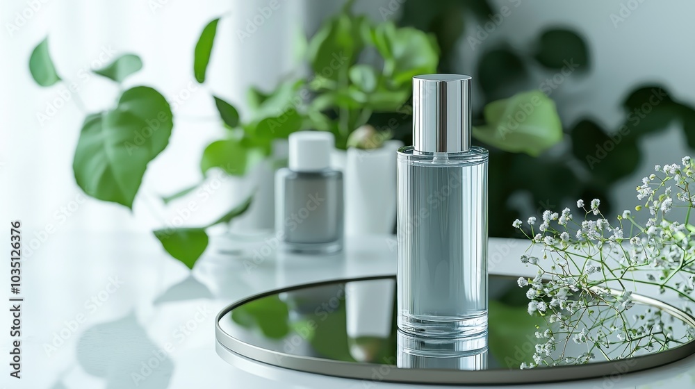Elegant Perfume Bottle Surrounded by Greenery Elegant Perfume Bottle Surrounded by Greenery