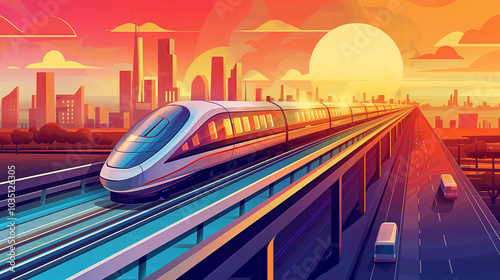 High-speed train running on the city viaduct
