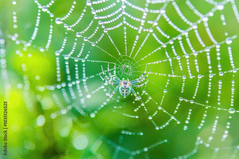 Naklejka premium A stunning closeup of a spider web bejeweled with dew drops in a lush green environment