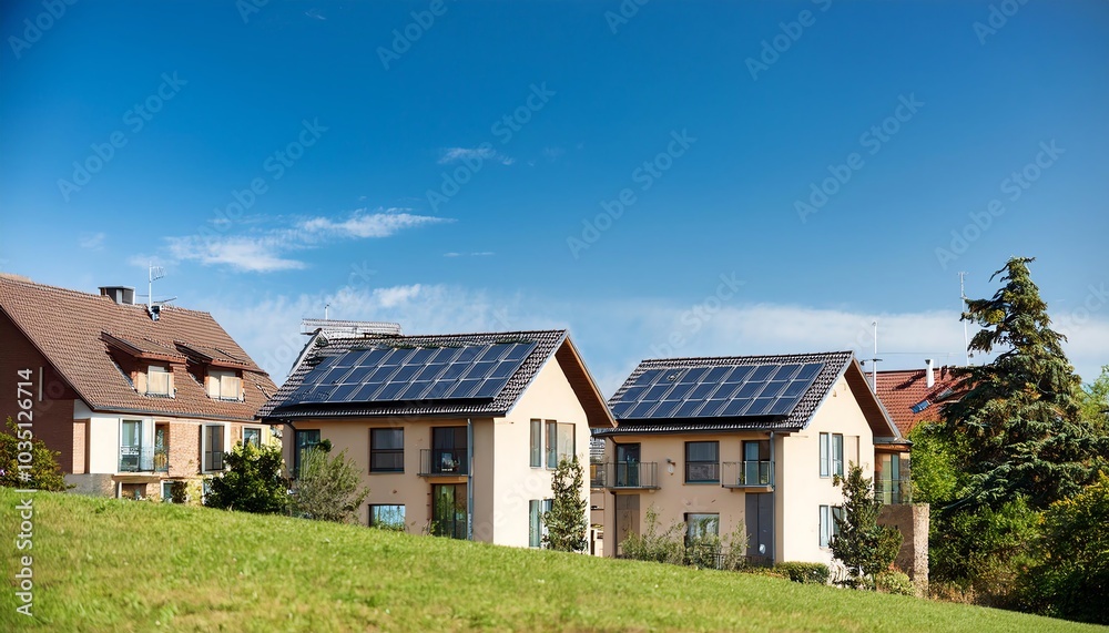 Two modern houses with solar panels sit on a green hill under a clear blue sky, showcasing eco-friendly architecture in a serene landscape. Two modern houses with solar panels sit on a green hill under a clear blue sky, showcasing eco-friendly architecture in a serene landscape.