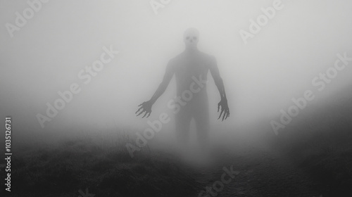 A ghostly figure emerges from the fog, beckoning with a skeletal hand.