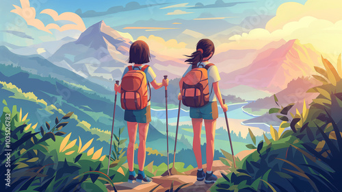Two little girls hiking in the forest