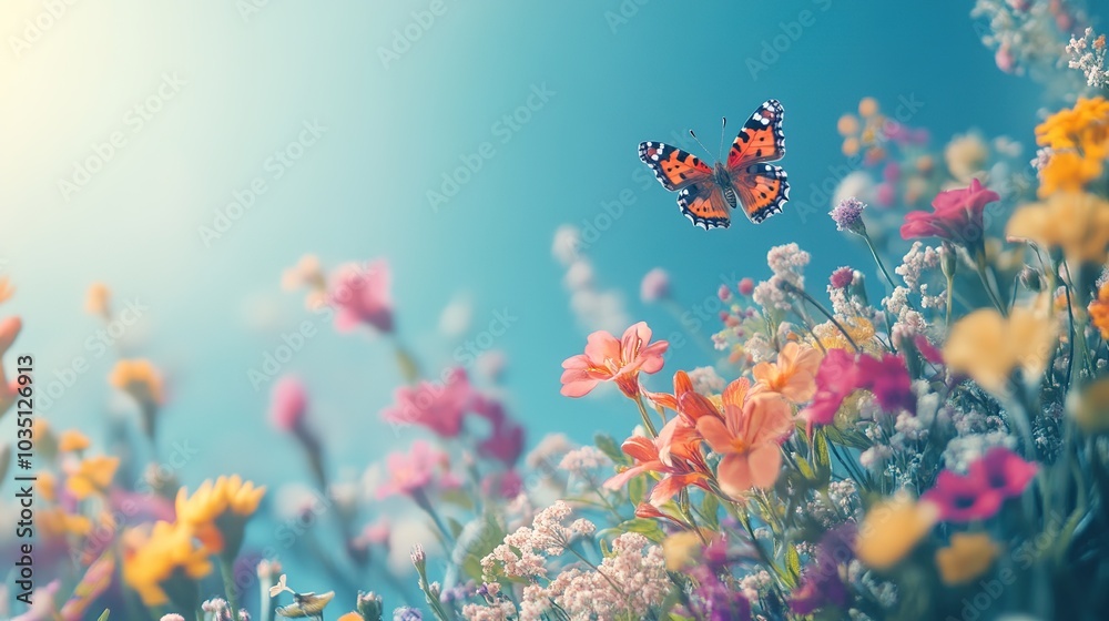 Colorful Butterfly Over Bright Flower Field Colorful Butterfly Over Bright Flower Field