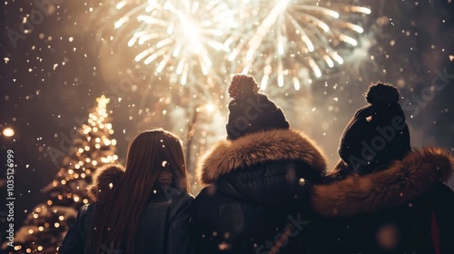 Group of young people celebrating new year eve with fireworks , snow ,Christmas tree background.