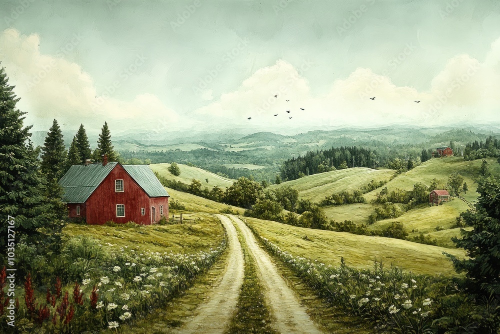 A winding dirt road leads to a red farmhouse nestled in rolling green hills with a sky dotted with birds. A winding dirt road leads to a red farmhouse nestled in rolling green hills with a sky dotted with birds.
