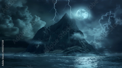 Island and lightning on the sea at night