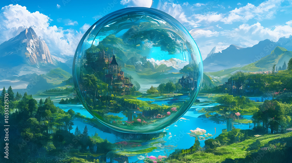 Transparent glass sphere in the valley Transparent glass sphere in the valley