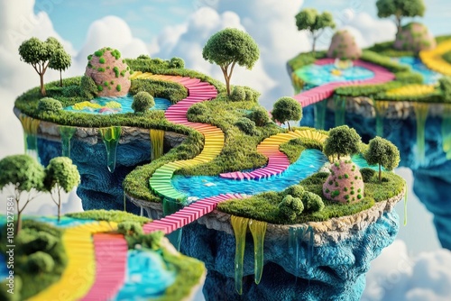 Fantastical Floating Landscape of Vibrant Foliage Waterfalls and Whimsical Pathways