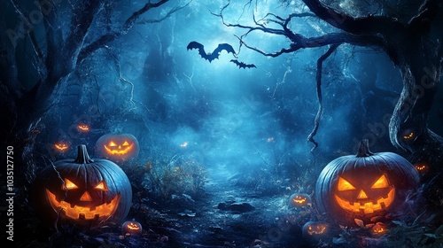 Spooky Halloween Forest with Jack-O'-Lanterns