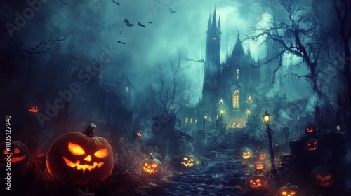 Spooky Halloween Night with Jack-O-Lanterns and an Eerie Castle