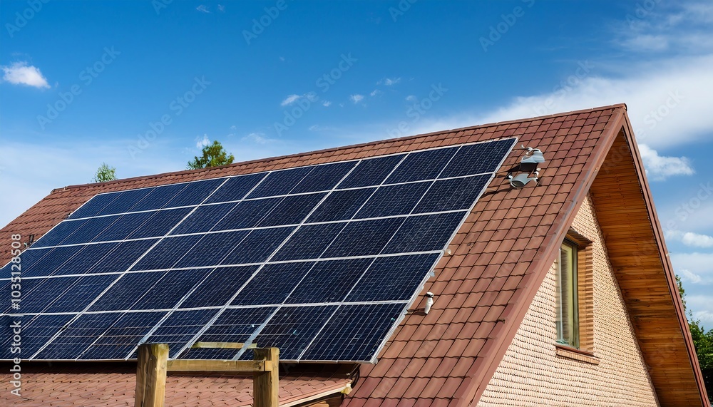 A modern house with solar panels on the roof, showcasing renewable energy technology against a clear blue sky. A modern house with solar panels on the roof, showcasing renewable energy technology against a clear blue sky.