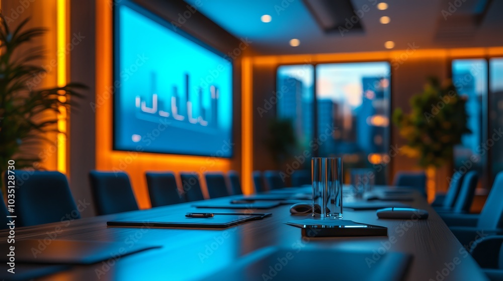 Modern Conference Room Table with Presentation Screen and City View Modern Conference Room Table with Presentation Screen and City View